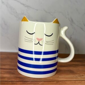 Cat Design Striped Mug - Blue and White